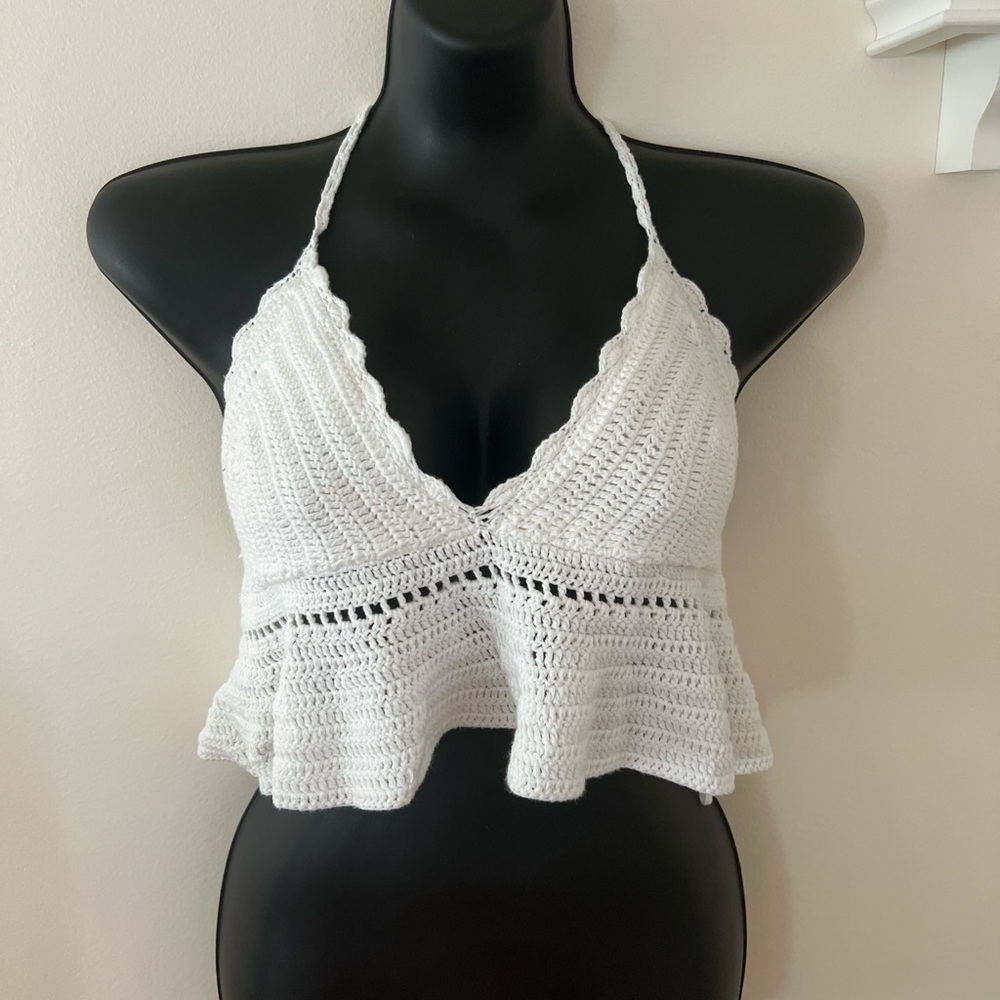 Garage White Cropped Ruffled Halter Top